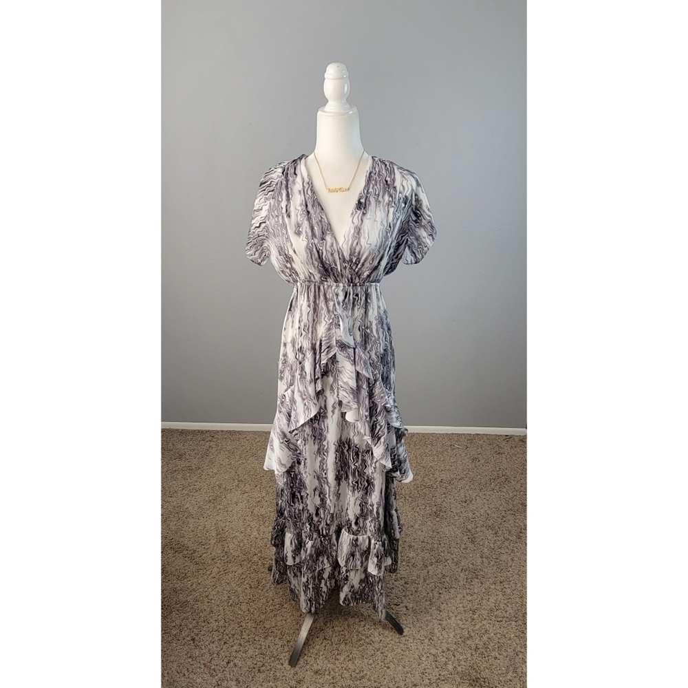 T-BAGS // marble swirl print silky viscose plunge layered ruffle maxi drress